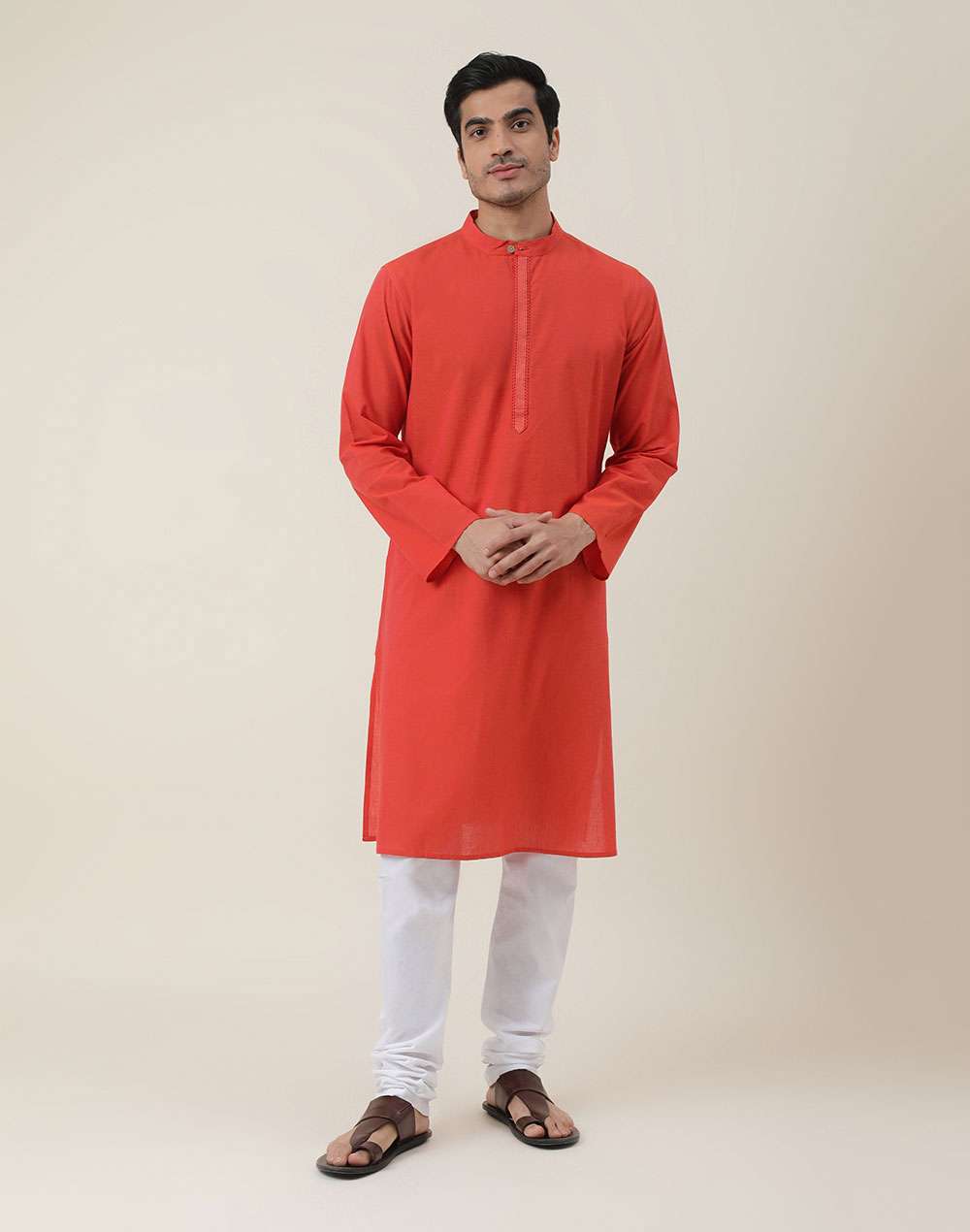 Red Cotton Embroidered Long Kurta