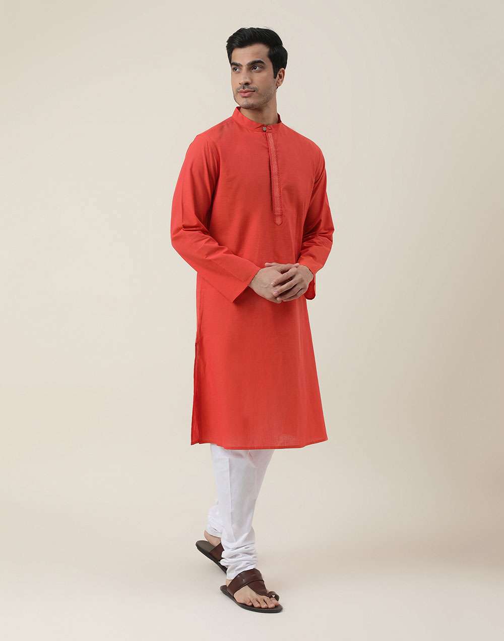 Red Cotton Embroidered Long Kurta