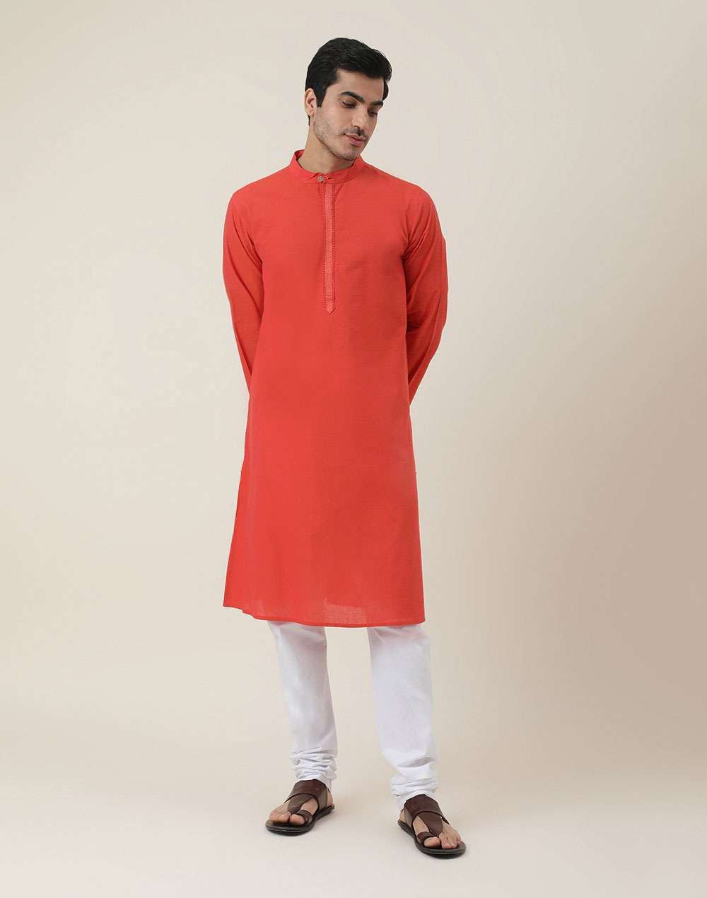 Red Cotton Embroidered Long Kurta