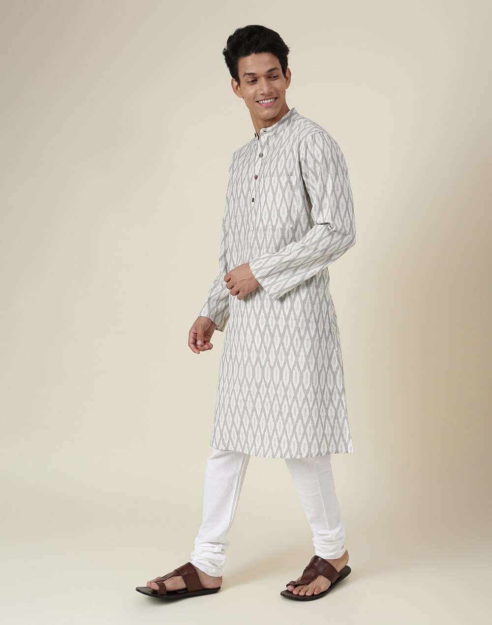 Ikat Printed Chinese Collar Cotton Long Kurta