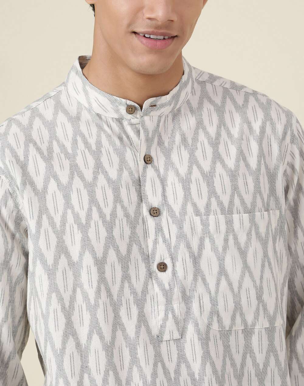 Ikat Printed Chinese Collar Cotton Long Kurta