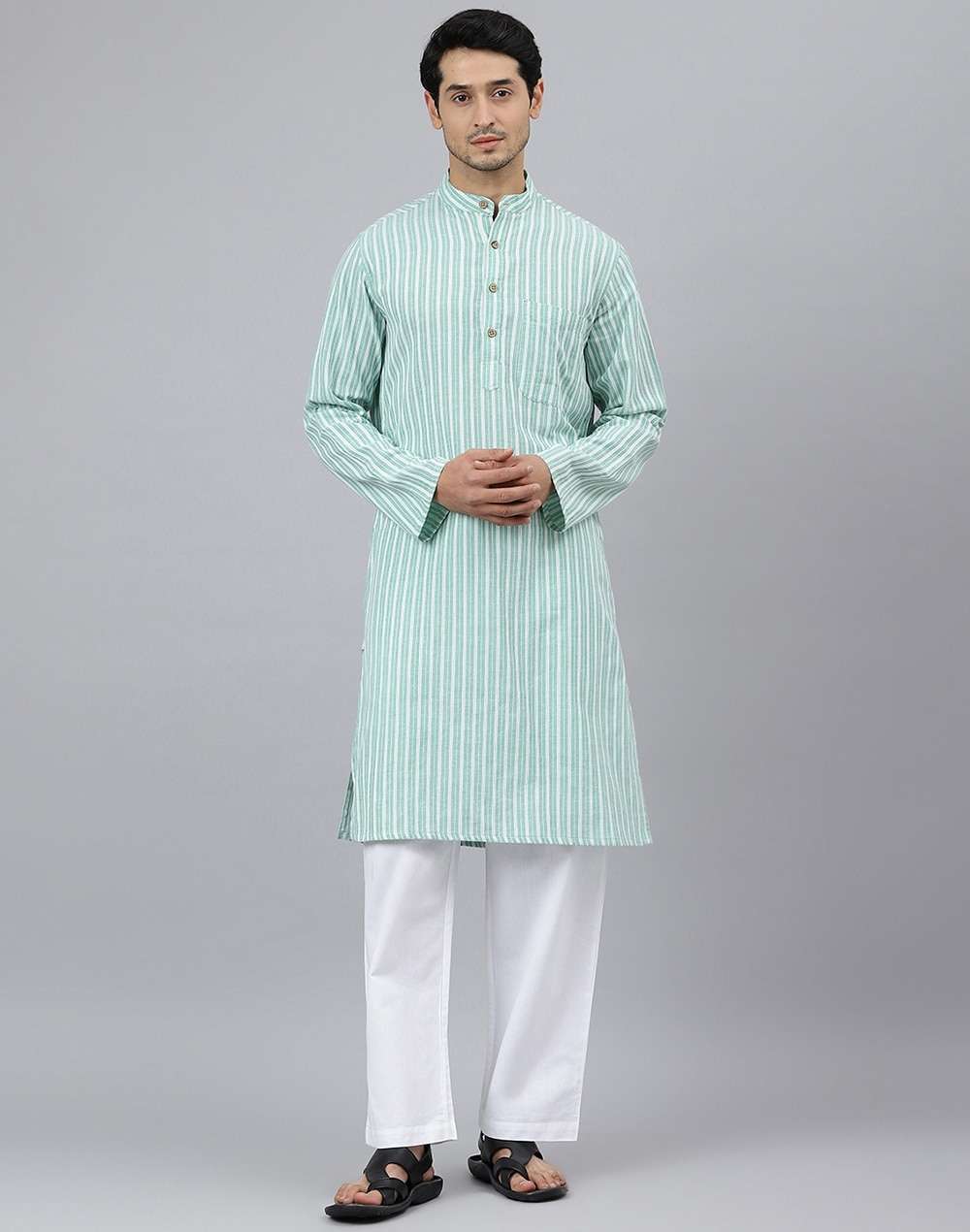 Chinese Collar Cotton Dobby Slim Fit Long Kurta