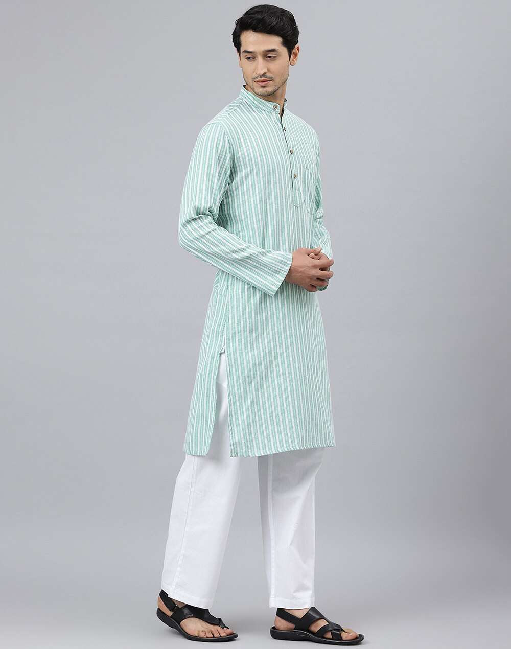Chinese Collar Cotton Dobby Slim Fit Long Kurta