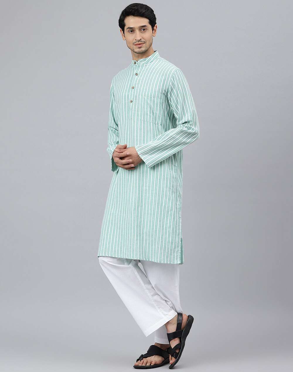 Chinese Collar Cotton Dobby Slim Fit Long Kurta