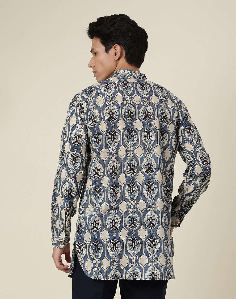 Chinese Collar Cotton Cambric Slim Fit Short Printed Kurta