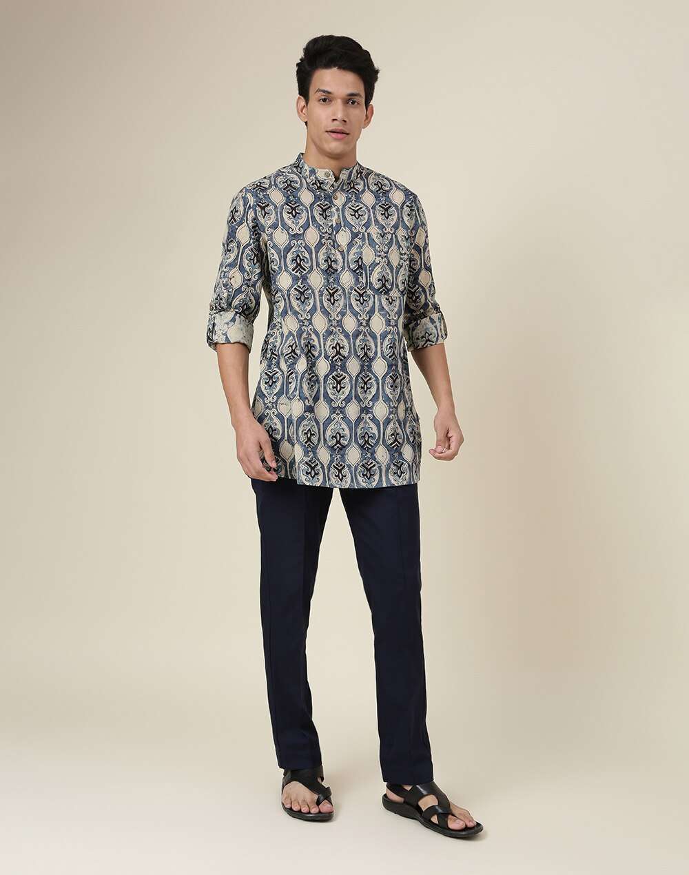 Chinese Collar Cotton Cambric Slim Fit Short Printed Kurta