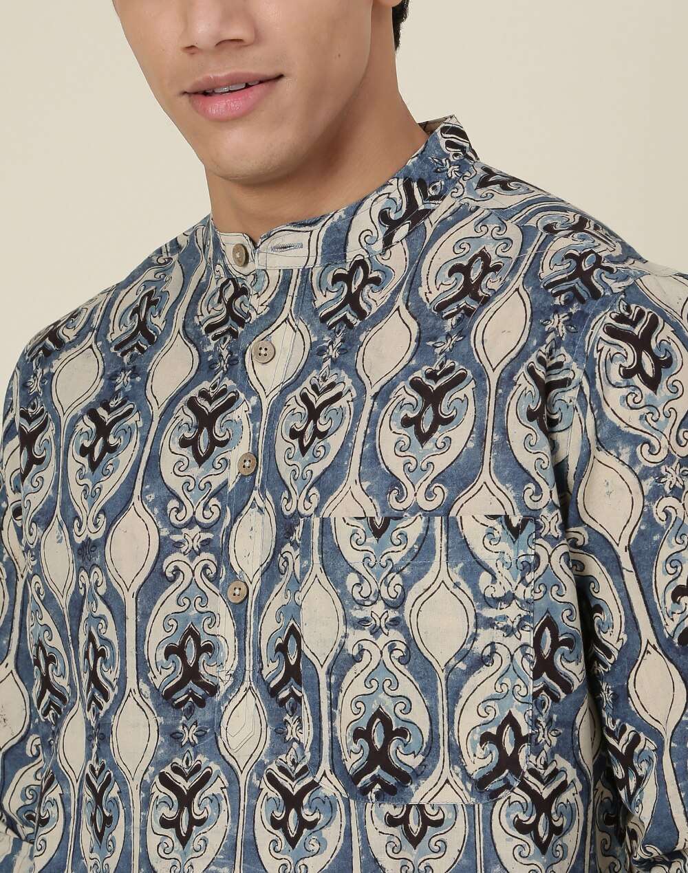Chinese Collar Cotton Cambric Slim Fit Short Printed Kurta