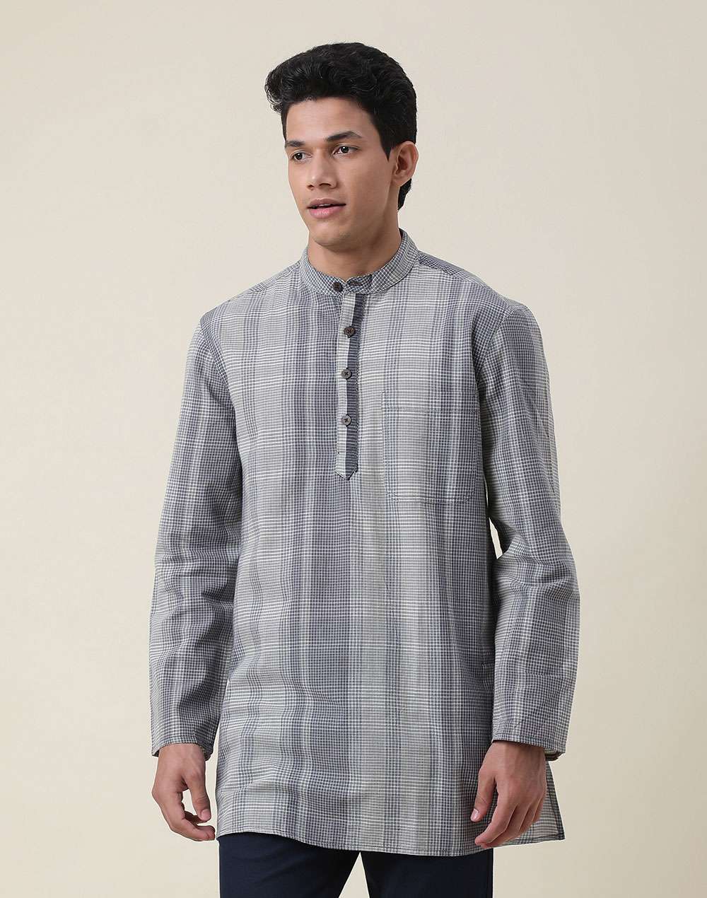 Grey Cotton Checks Short Kurta