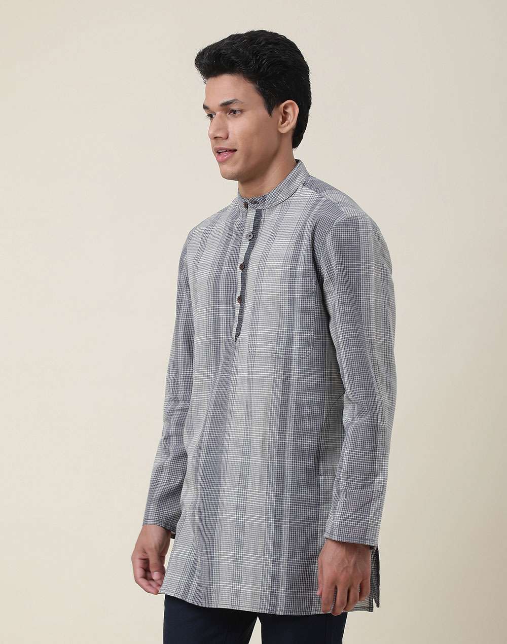 Grey Cotton Checks Short Kurta