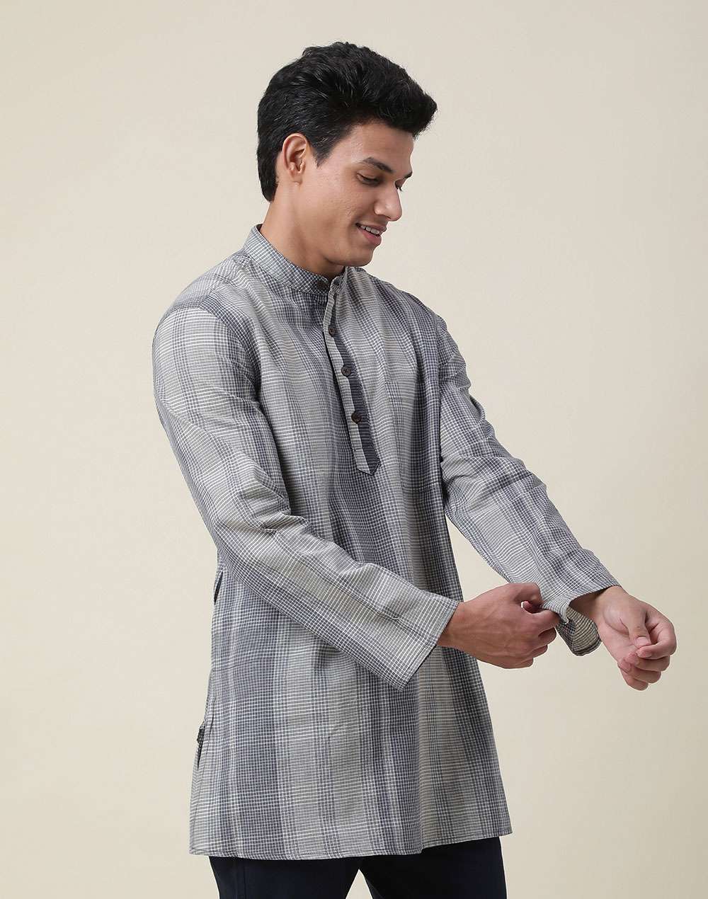Grey Cotton Checks Short Kurta