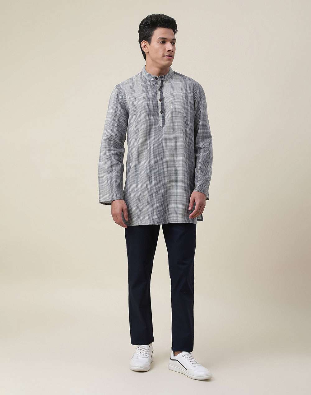 Grey Cotton Checks Short Kurta