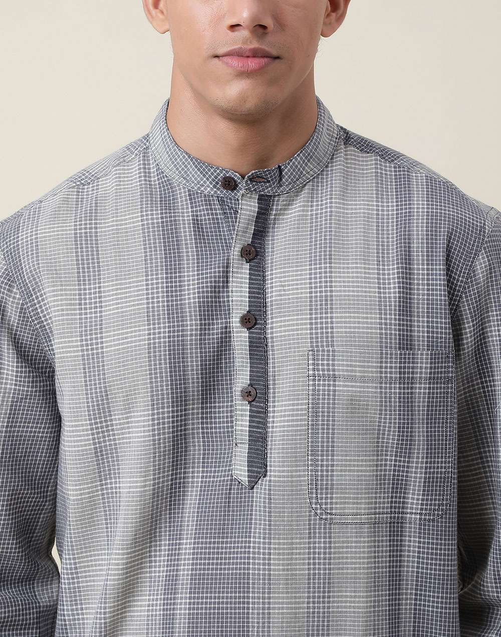 Grey Cotton Checks Short Kurta