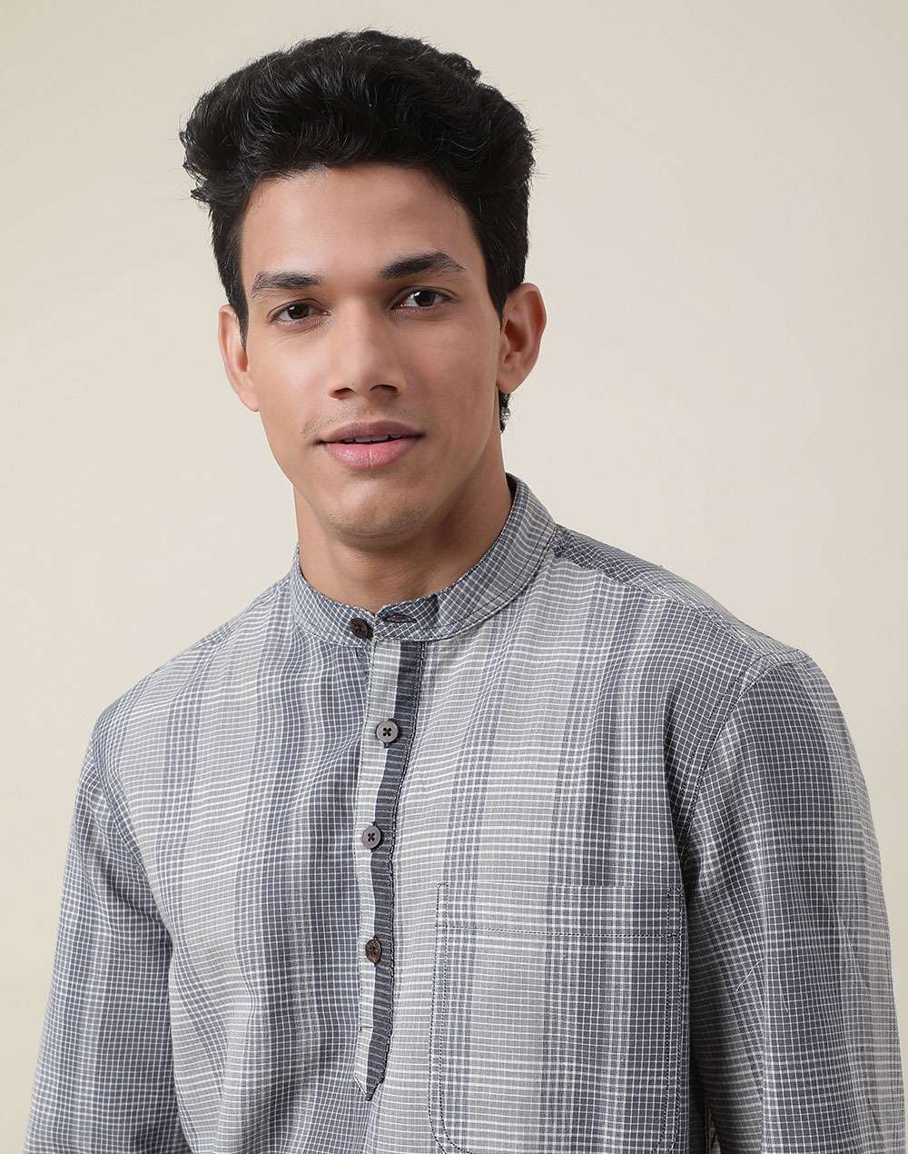 Grey Cotton Checks Short Kurta
