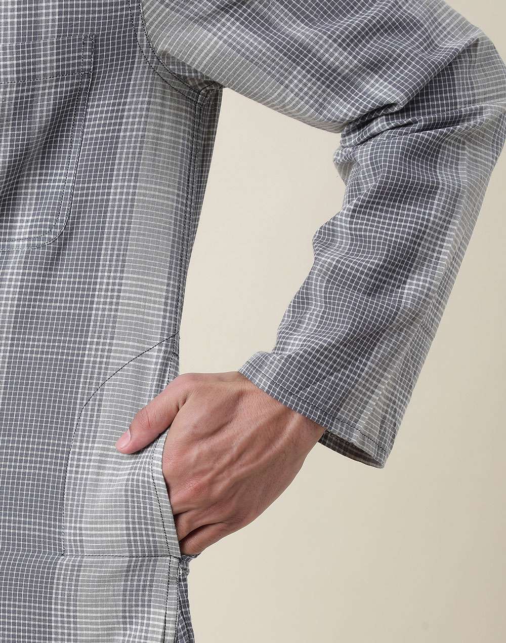 Grey Cotton Checks Short Kurta