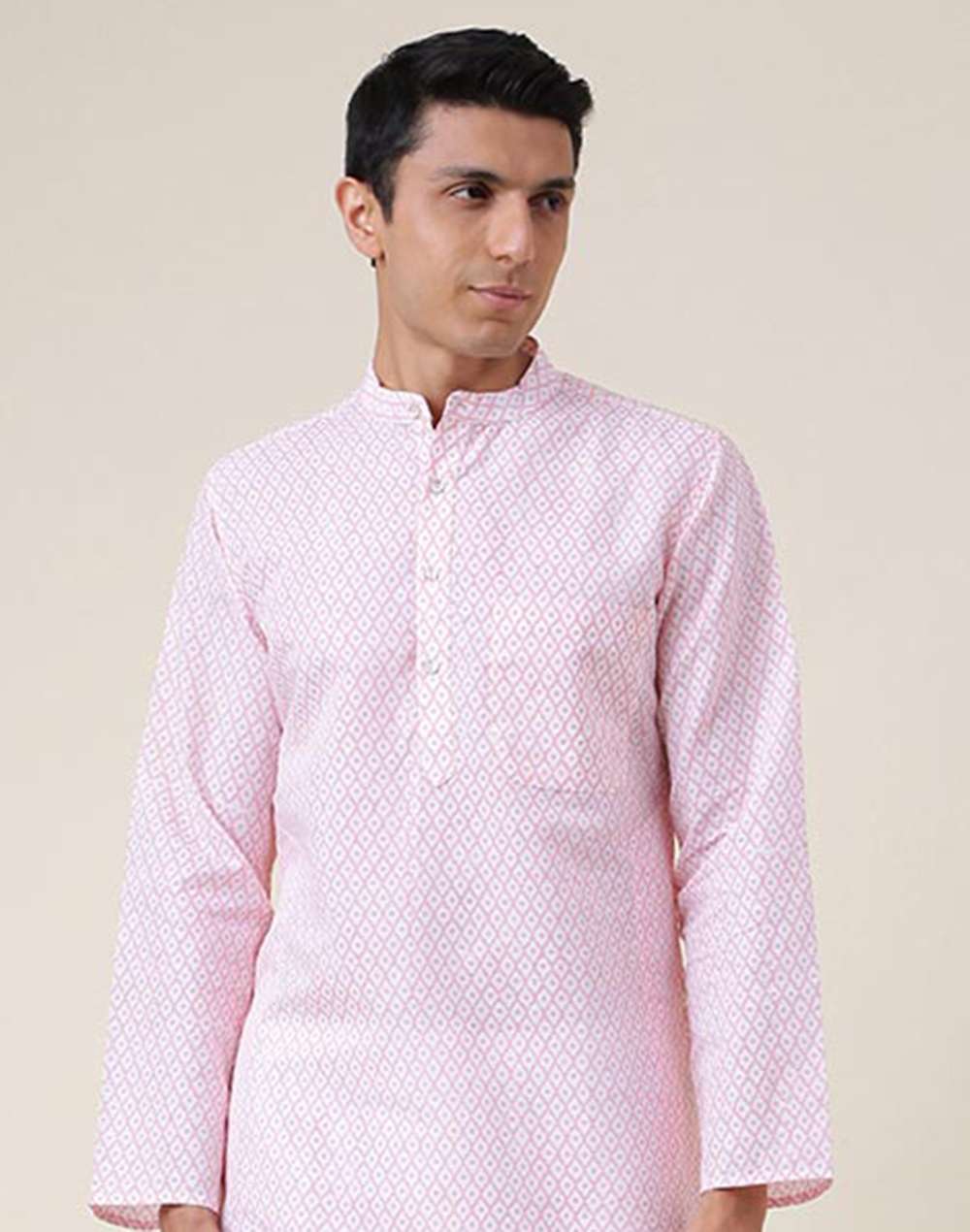 Pink Linen Blend Printed Slim Fit Long Kurta