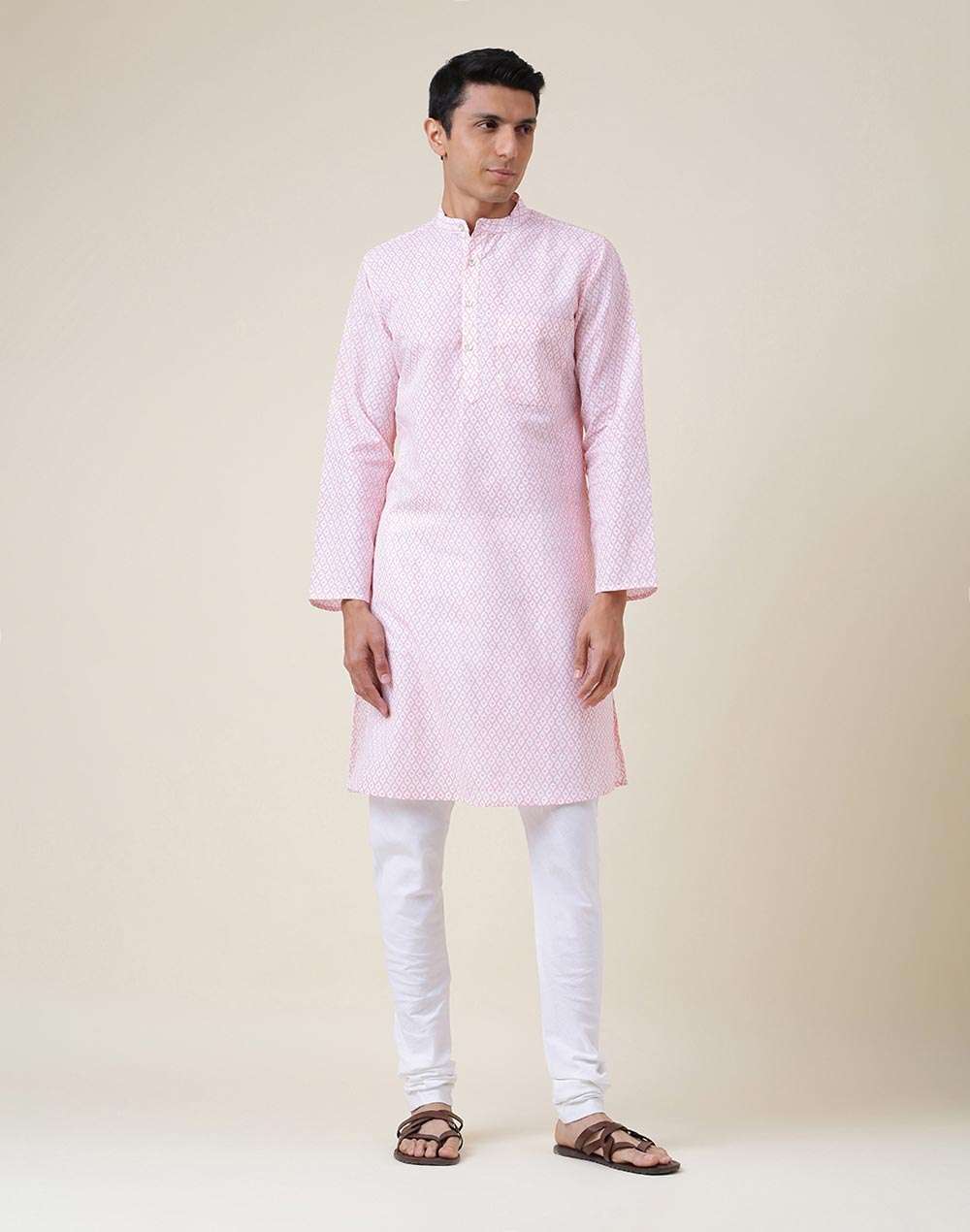 Pink Linen Blend Printed Slim Fit Long Kurta