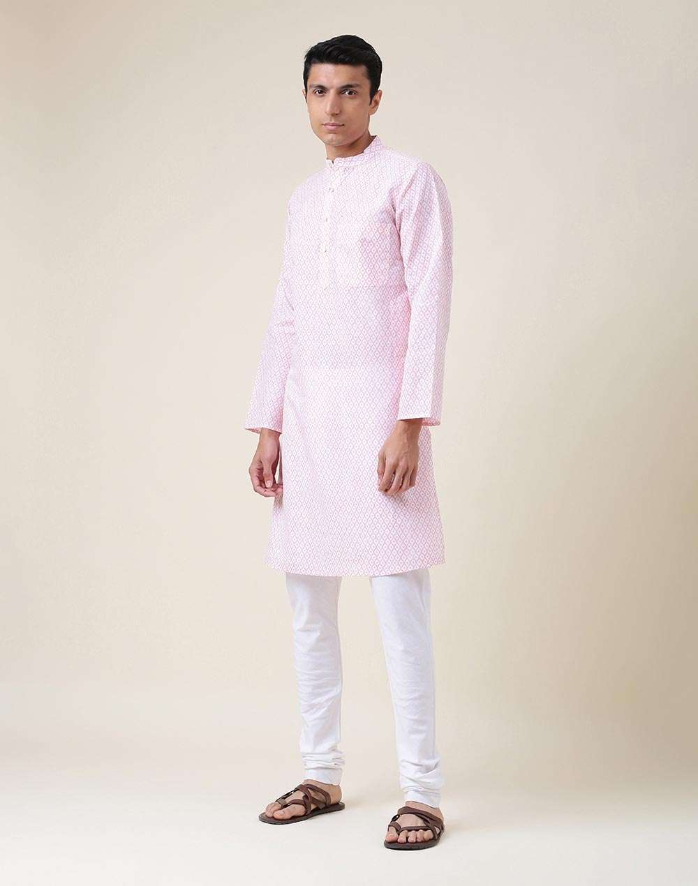 Pink Linen Blend Printed Slim Fit Long Kurta