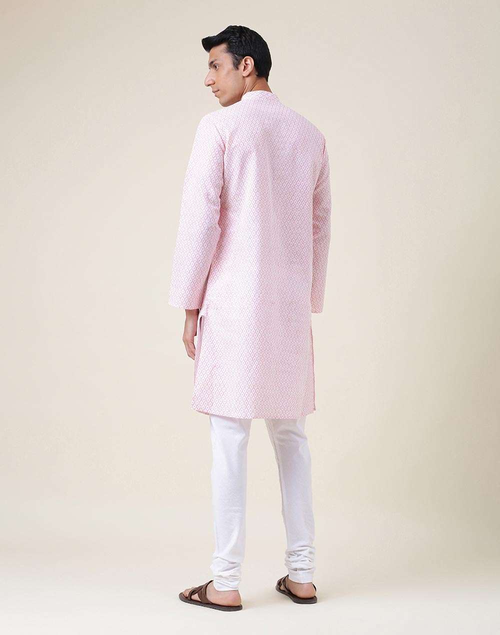 Pink Linen Blend Printed Slim Fit Long Kurta