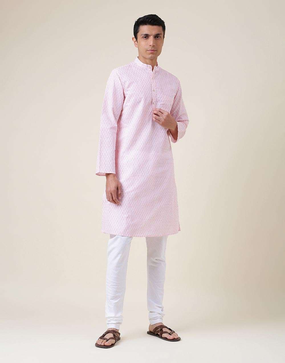 Pink Linen Blend Printed Slim Fit Long Kurta