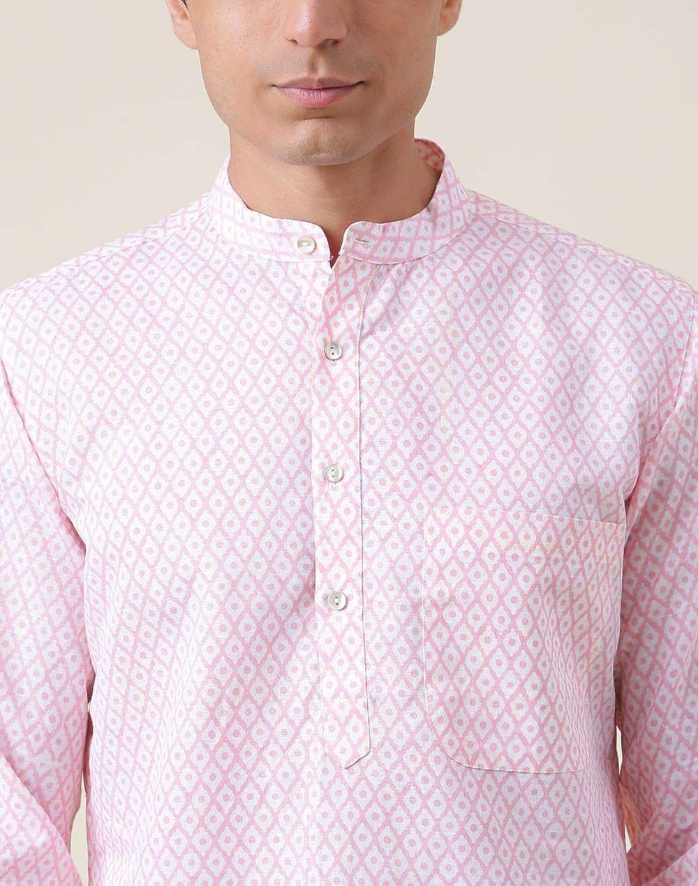 Pink Linen Blend Printed Slim Fit Long Kurta