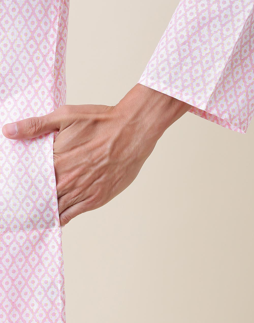 Pink Linen Blend Printed Slim Fit Long Kurta