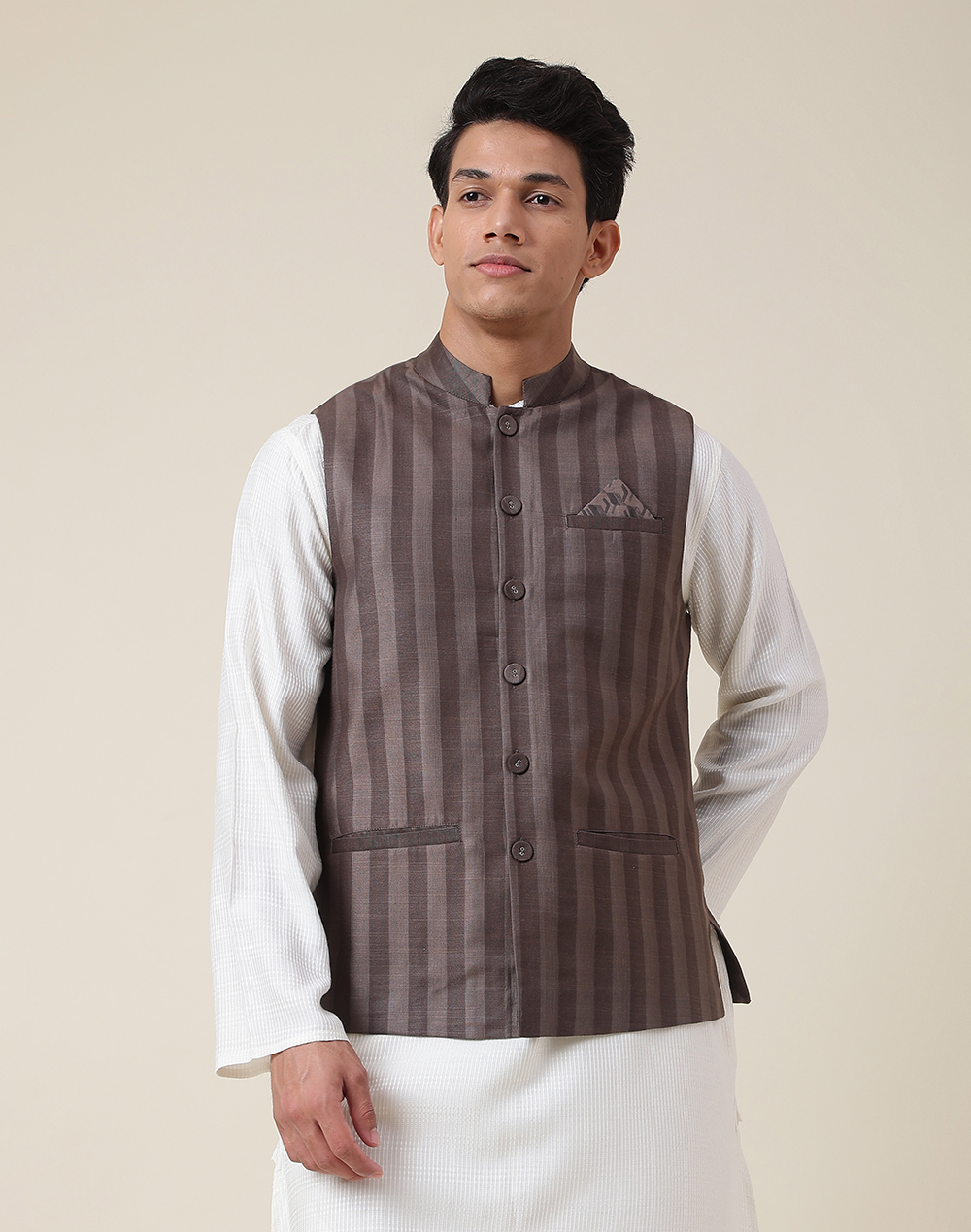 Grey Viscose Blend Striped Nehru Jacket