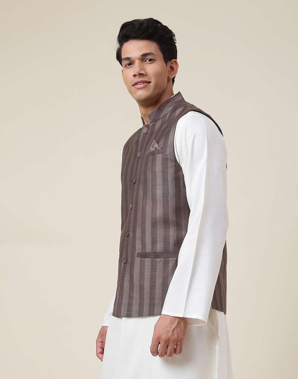 Grey Viscose Blend Striped Nehru Jacket