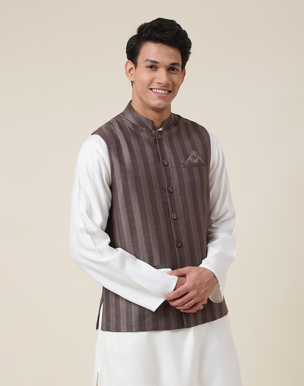 Grey Viscose Blend Striped Nehru Jacket