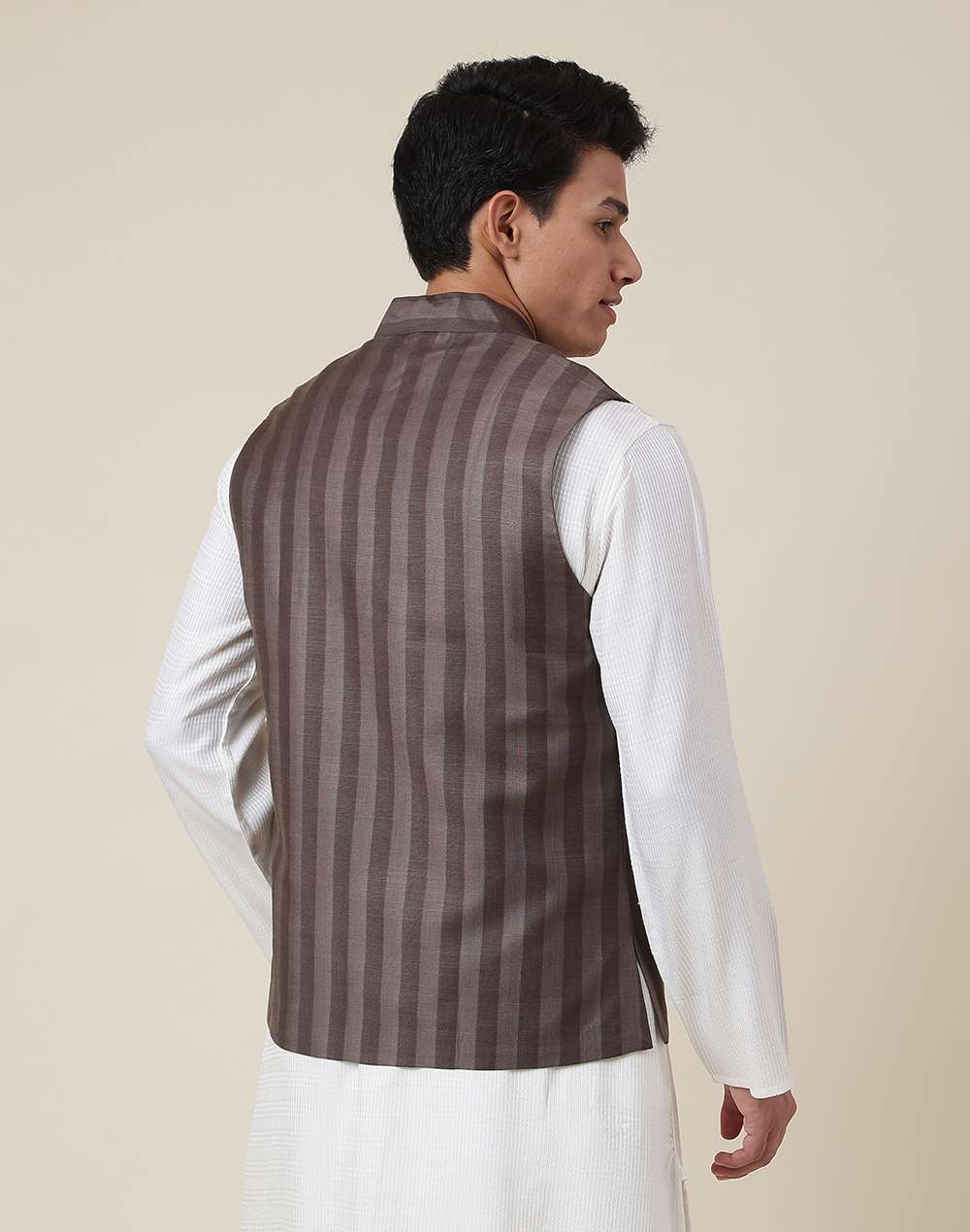 Grey Viscose Blend Striped Nehru Jacket