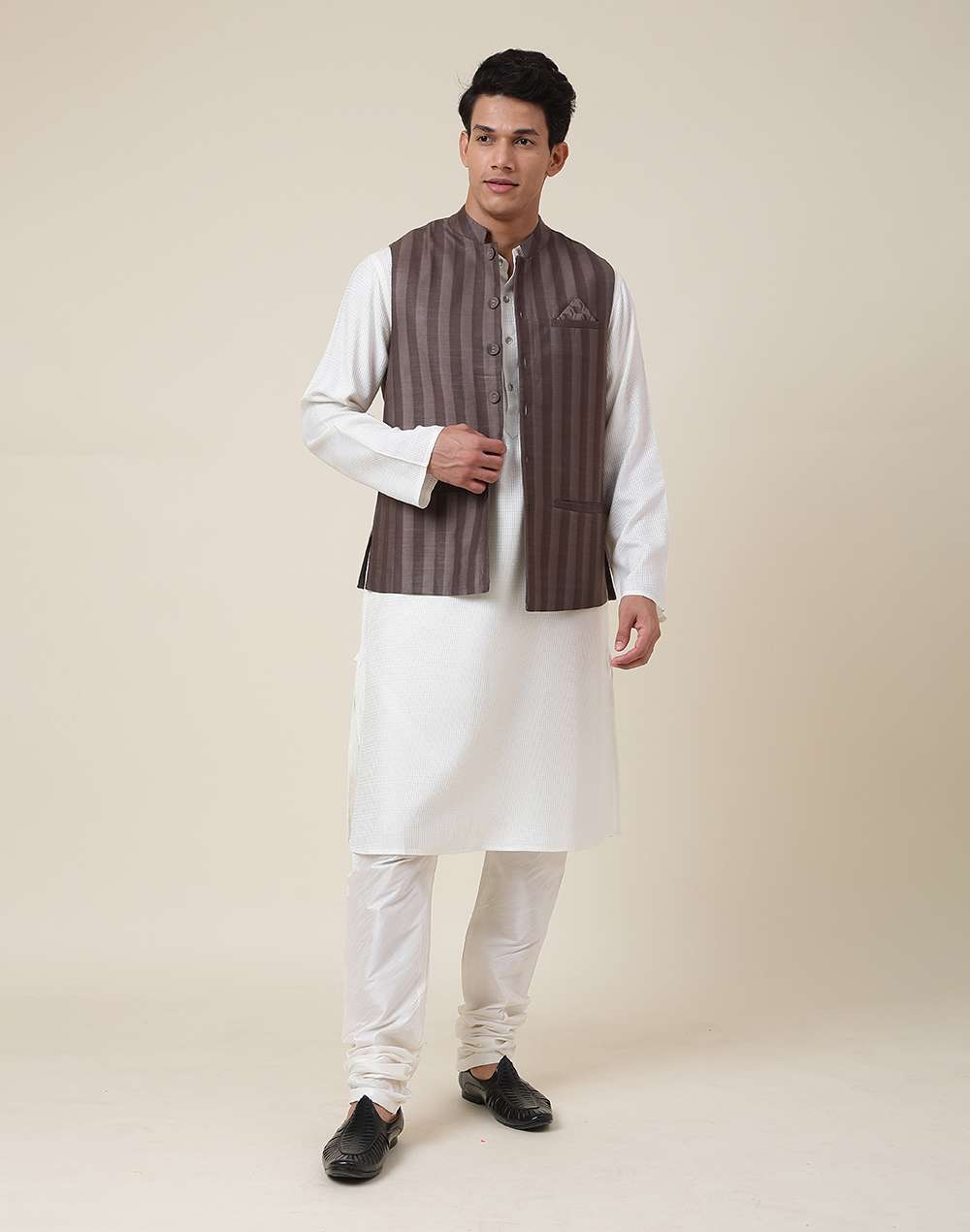 Grey Viscose Blend Striped Nehru Jacket