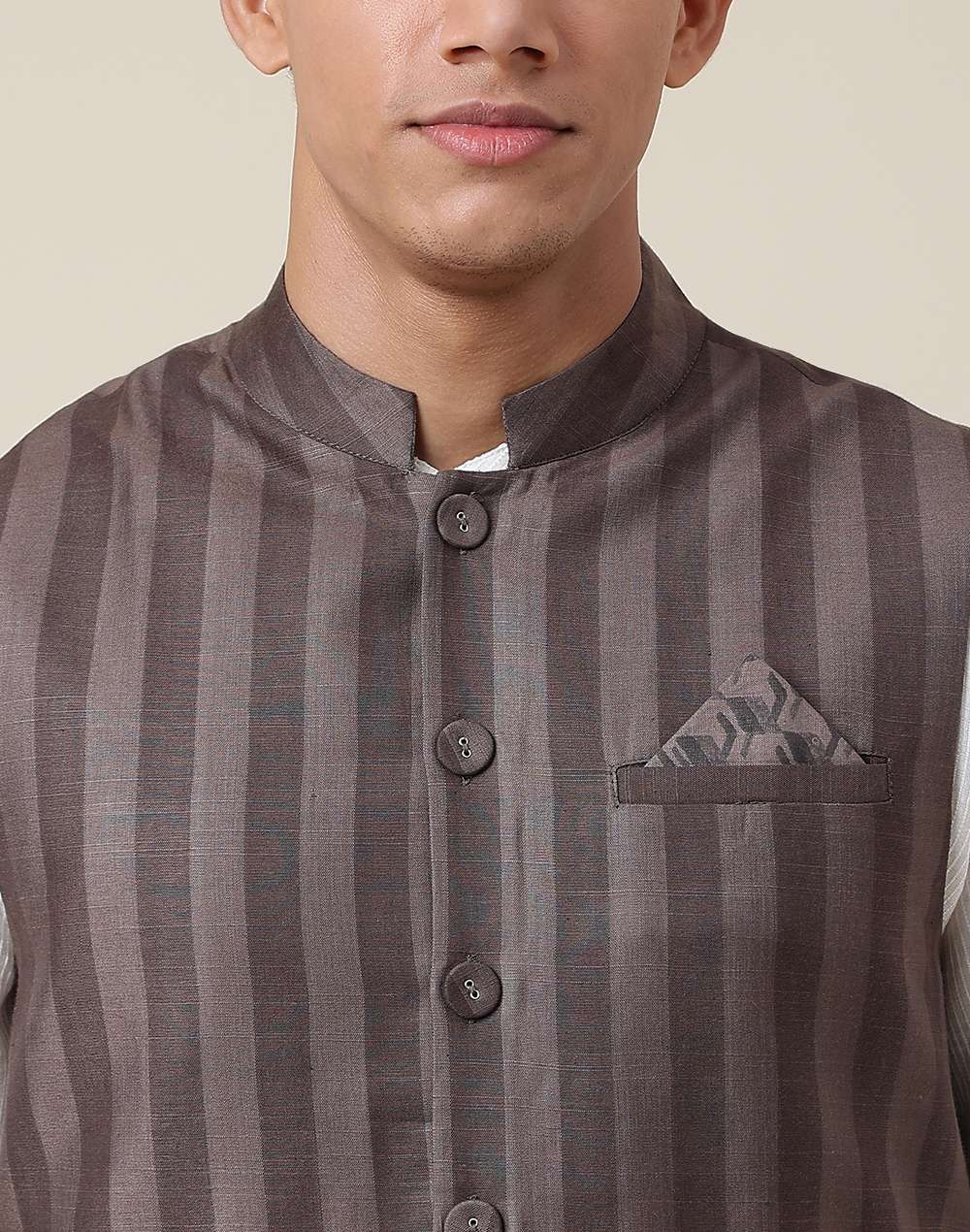 Grey Viscose Blend Striped Nehru Jacket