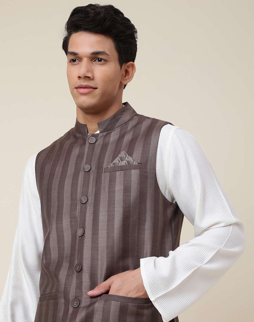 Grey Viscose Blend Striped Nehru Jacket