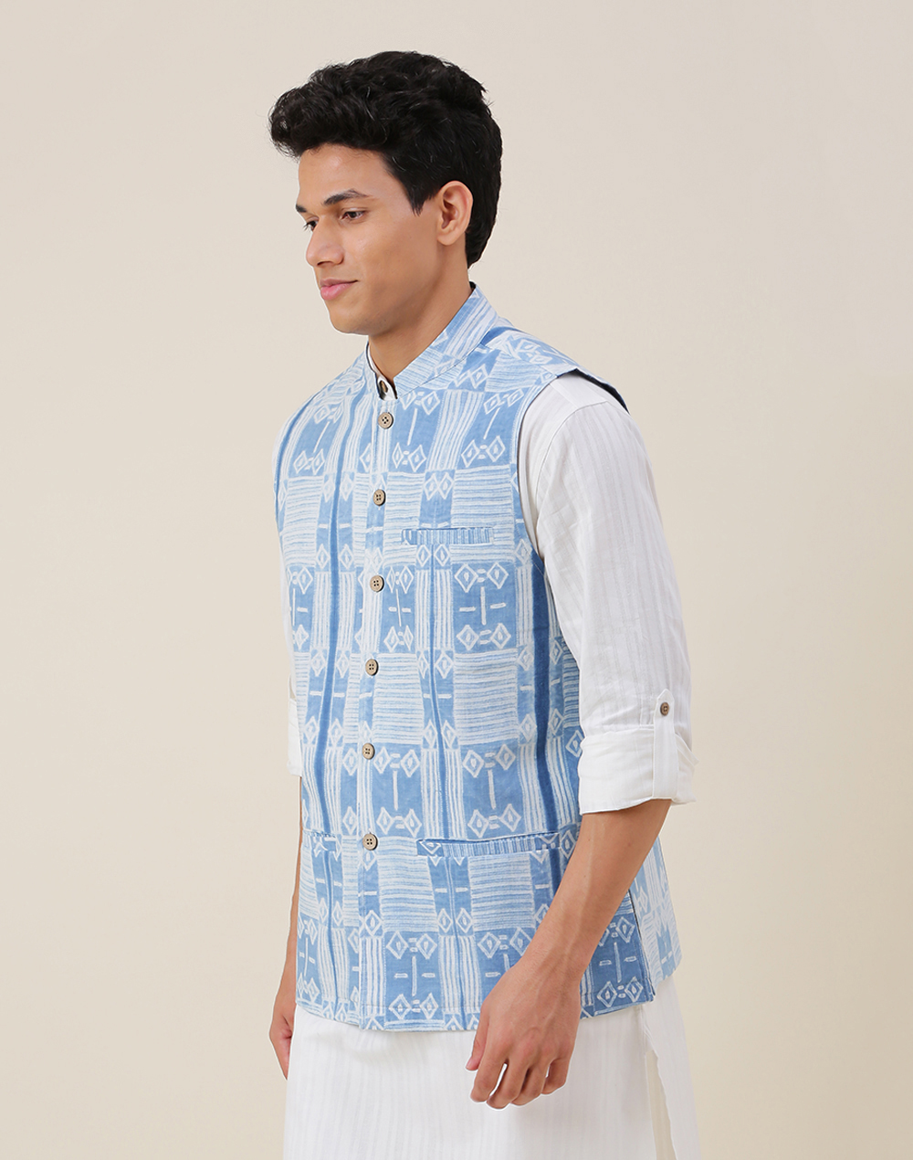 Blue Cotton Printed Nehru Jacket