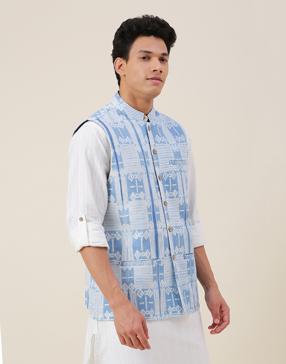 Blue Cotton Printed Nehru Jacket