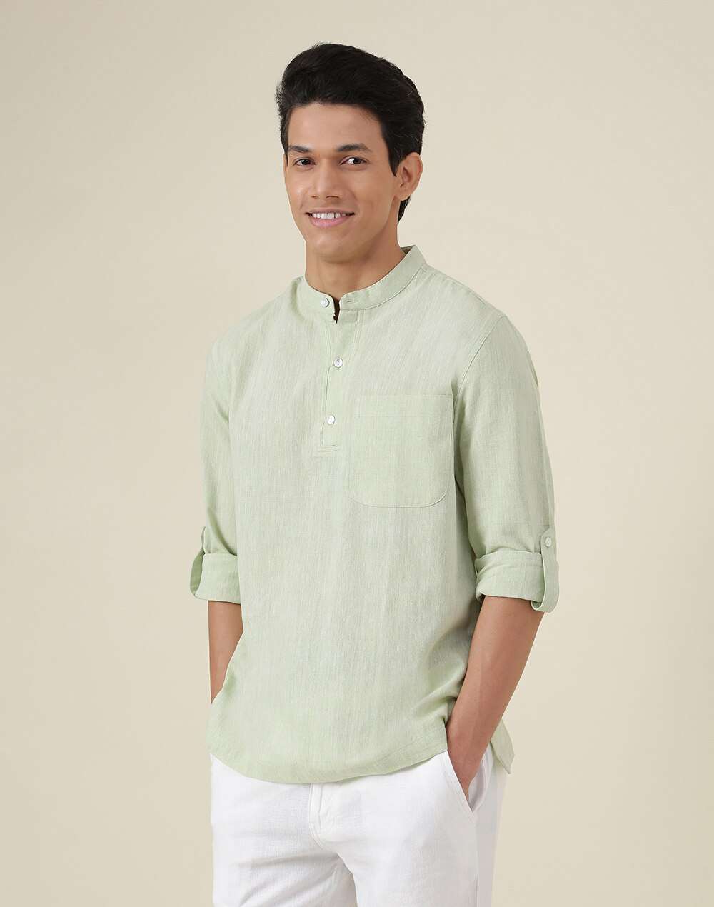Chinese Collar Cotton Comfort Fit Mid Placket Shirt