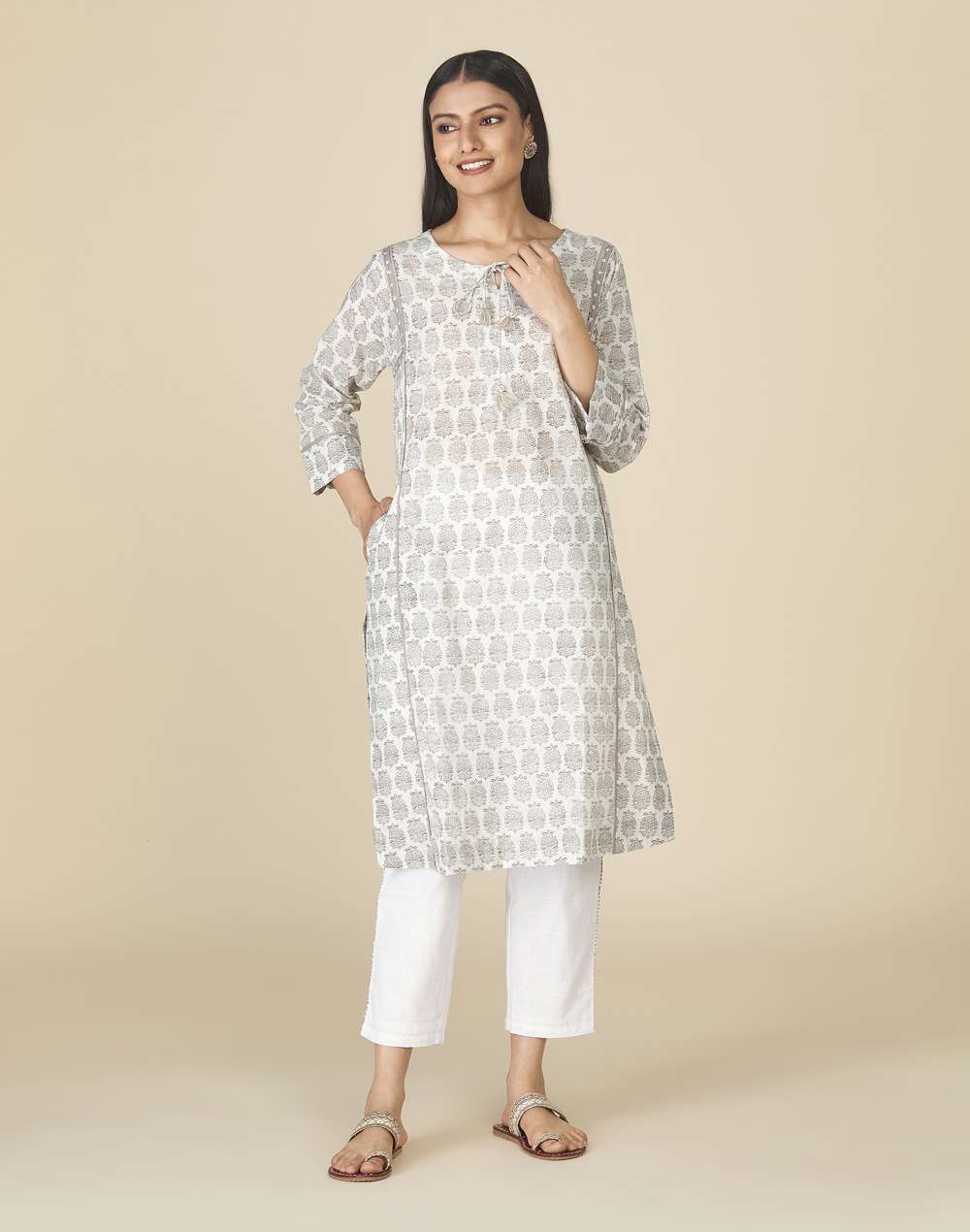 Printed Cotton Round Neck Knee Length Kurta