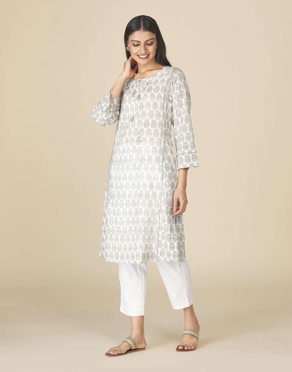 Printed Cotton Round Neck Knee Length Kurta