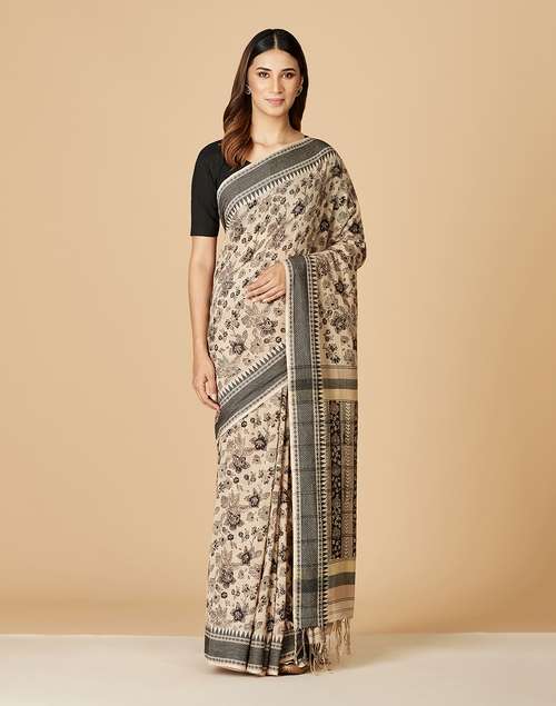 Buy Beige Cotton Printed Sari for Women Online at Fabindia | 10729709