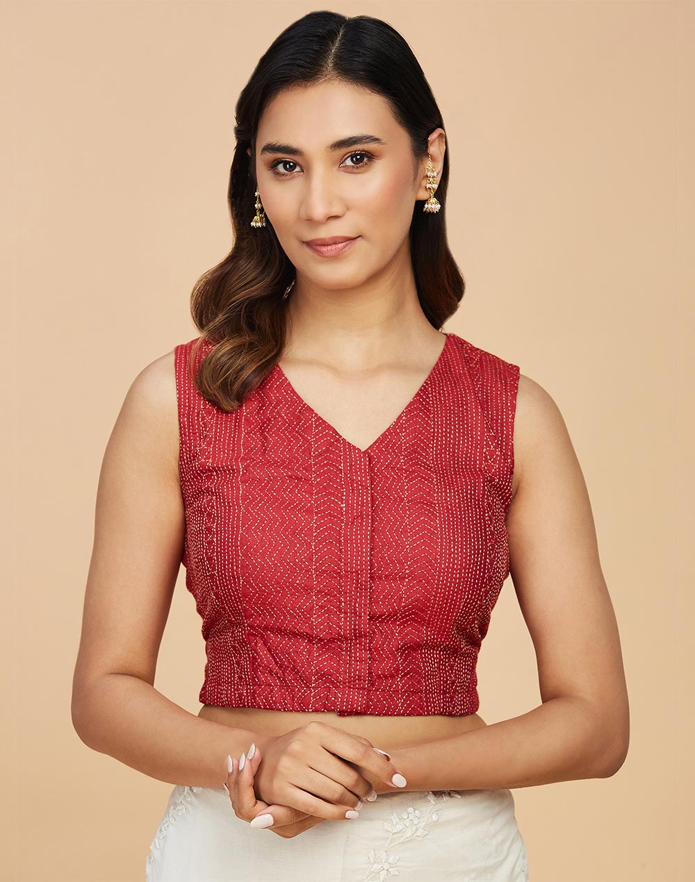 Buy Red Viscose Desert Embroidered Sleeveless Blouse for Women ...