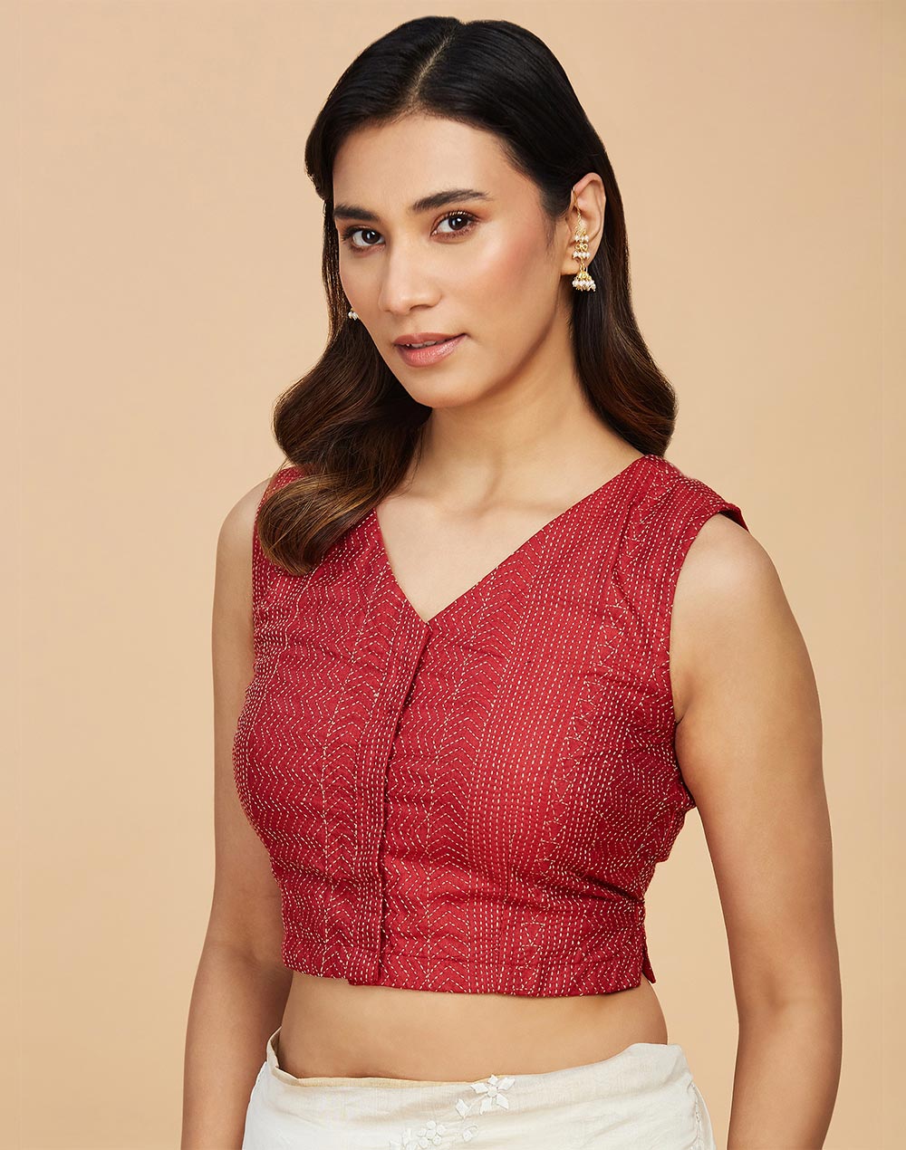Buy Red Viscose Desert Embroidered Sleeveless Blouse for Women ...