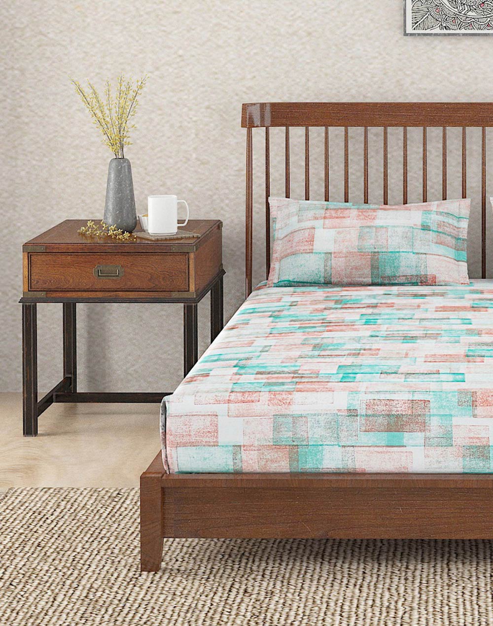 Teal Symphony Cotton Printed Single Bed Sheet Set With 1 Pillow Cover