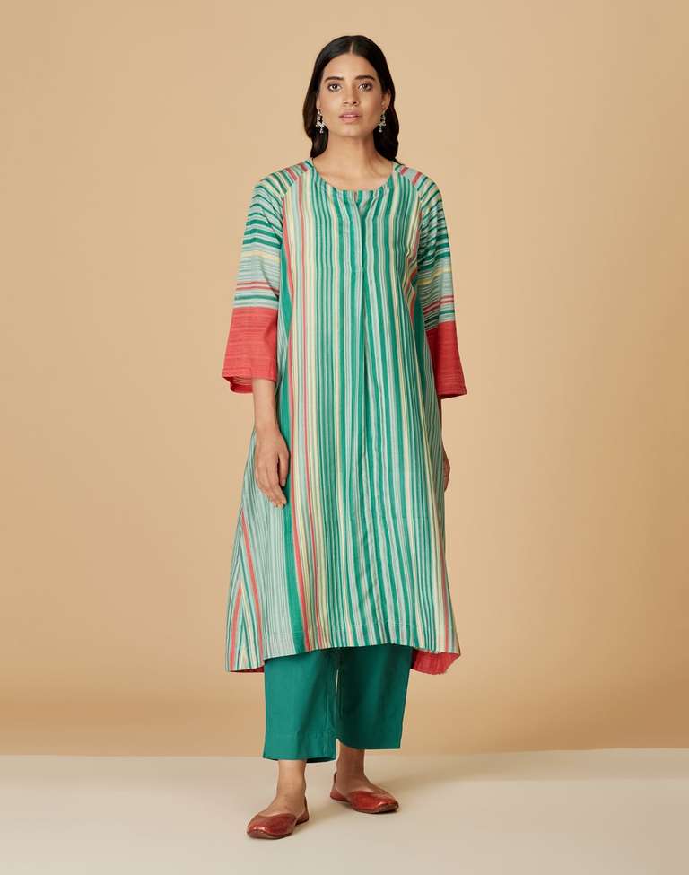 Buy Turquoise Cotton Silk Embroidered Kurta Pants Slip Set for