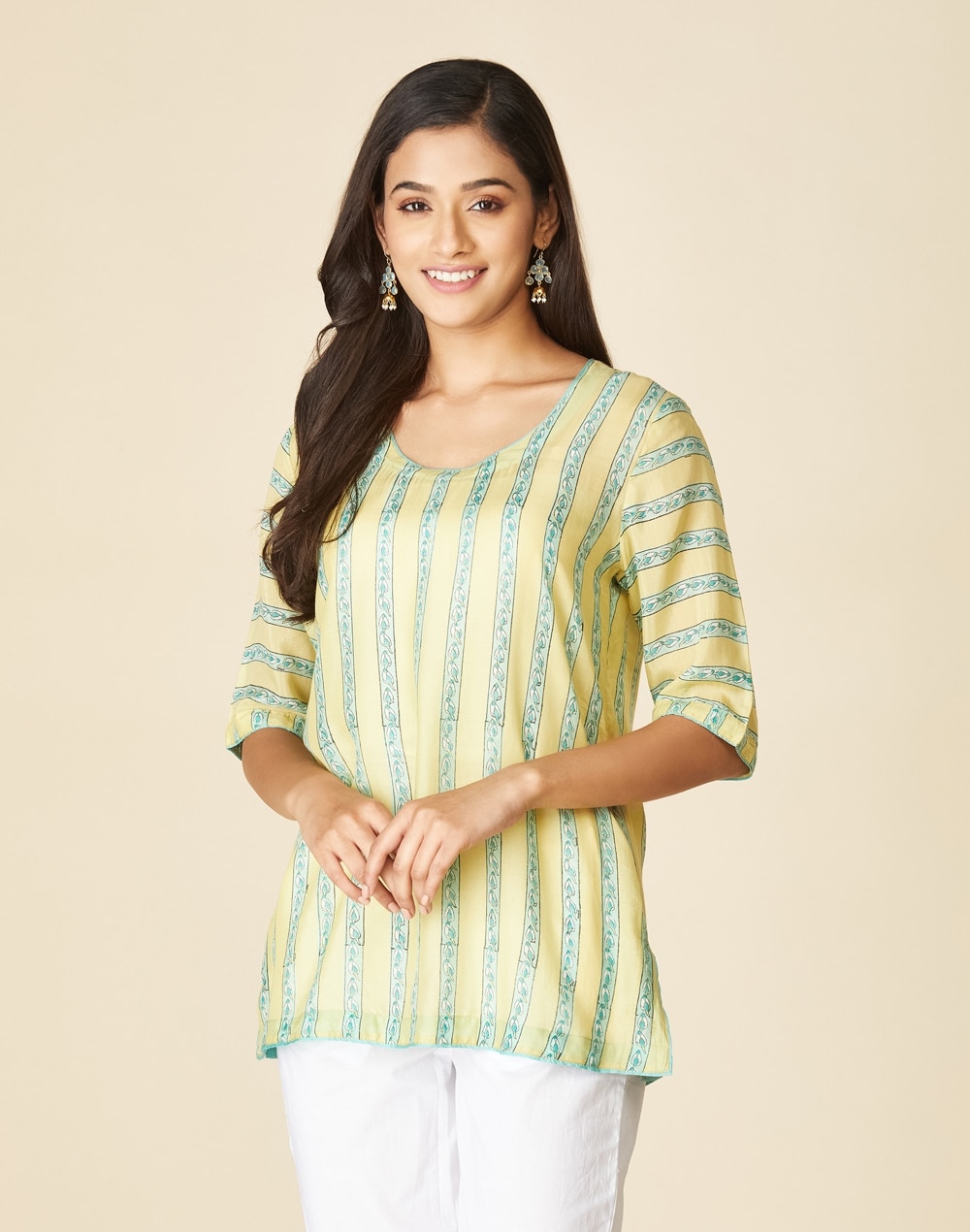 Buy Green Cotton Thigh Length Slim Fit Short Kurta for Women Online at  Fabindia