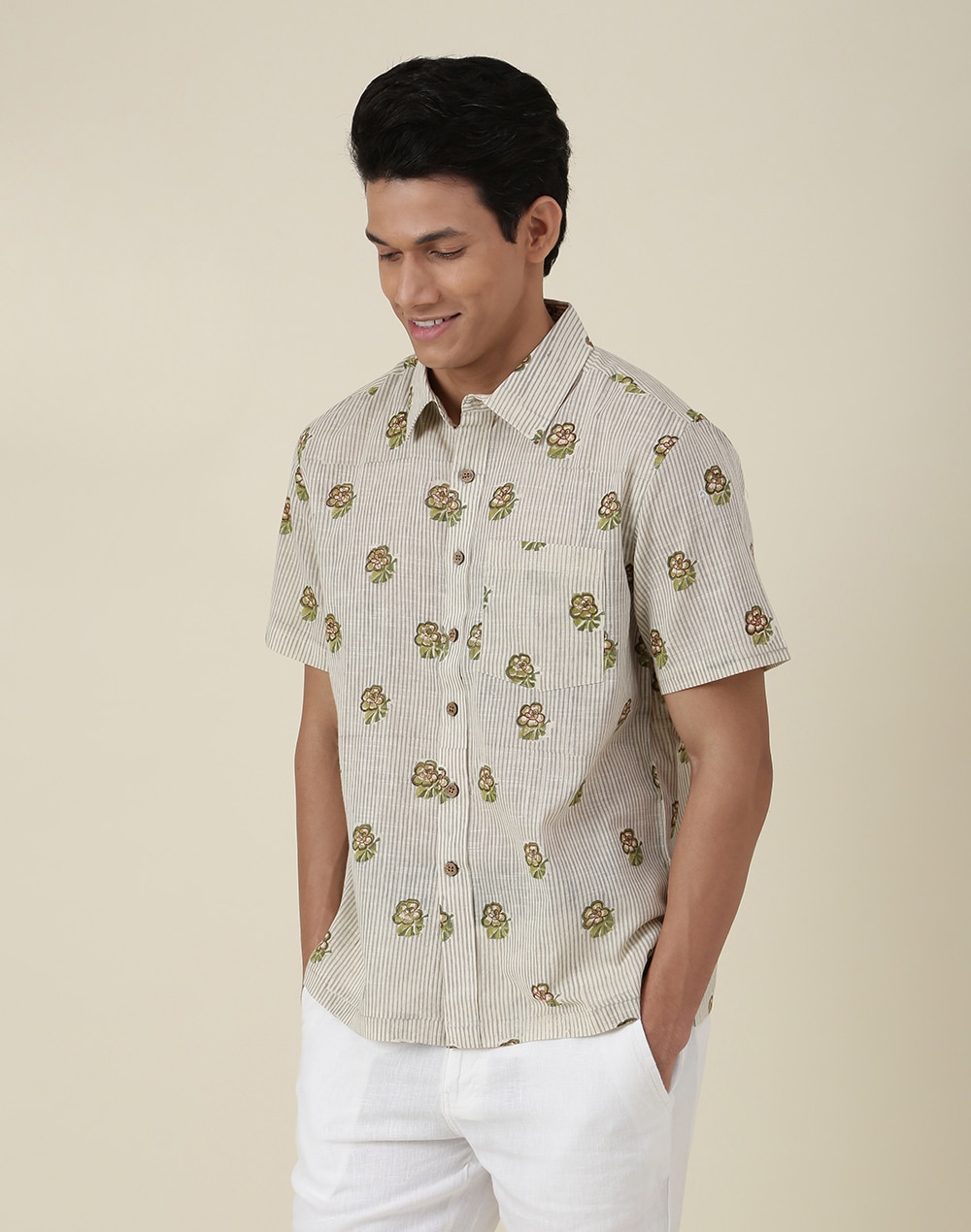 Green Cotton Printed Straight Fit Shirt