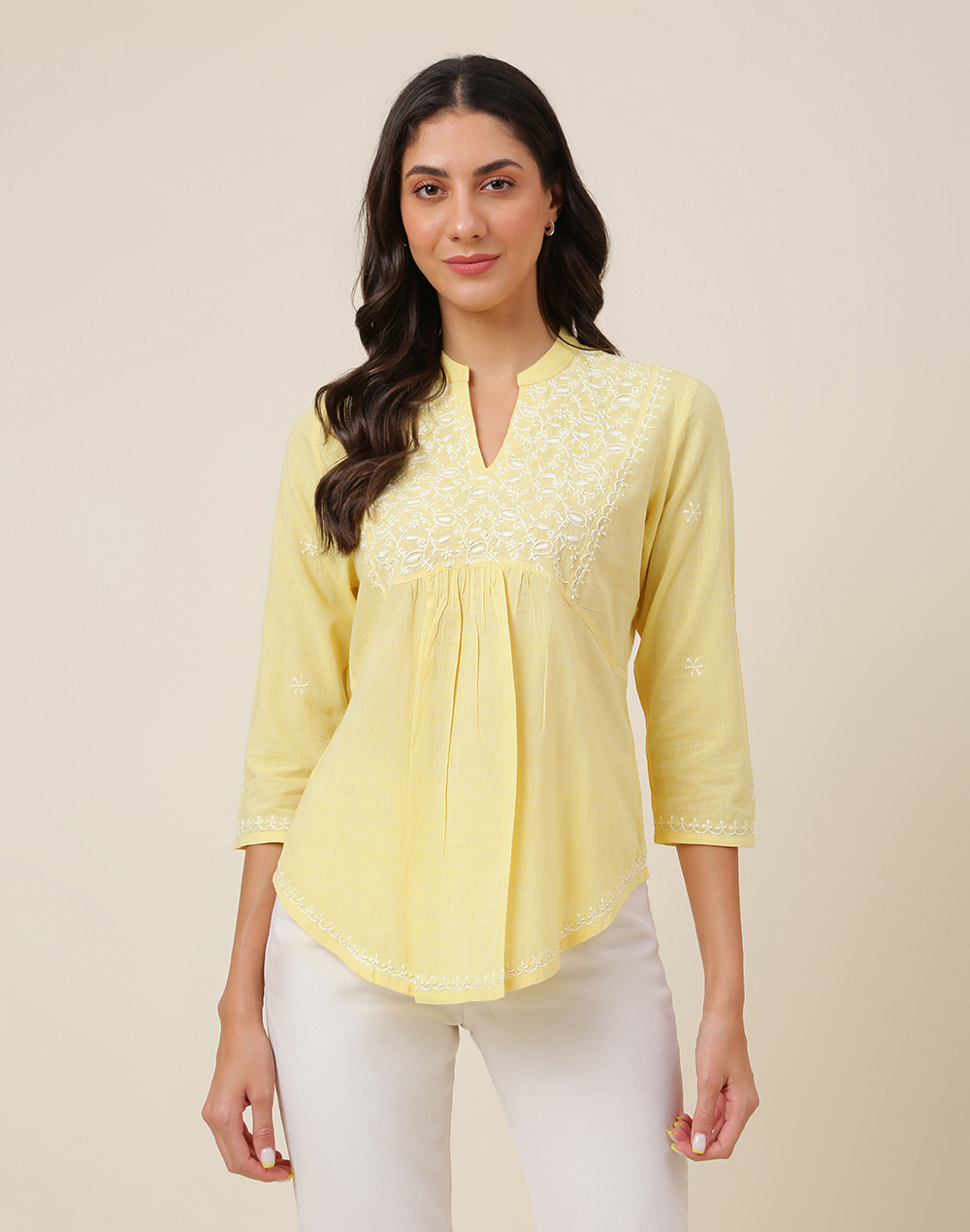 Lemon Yellow Square Neck Chikan Embroidery Cotton Top, Hand Wash at Rs  145/piece in New Delhi