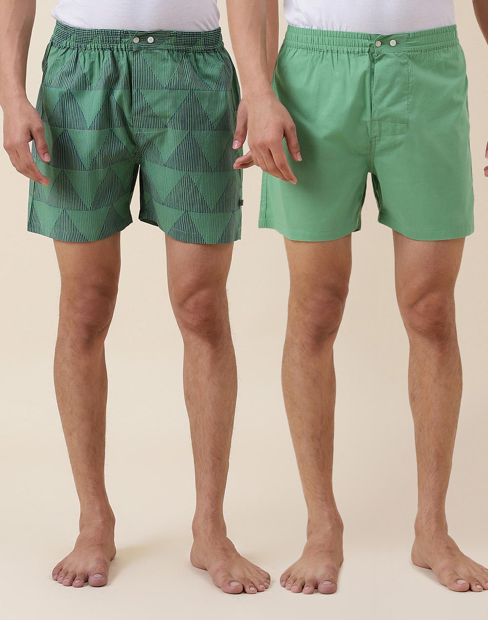 Green Cotton Full Elasticated Boxer Shorts Pack Of 2