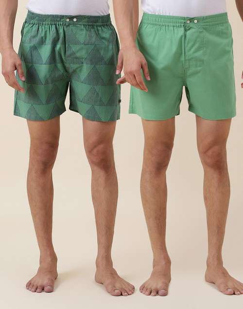 Green Cotton Full Elasticated Boxer Shorts Pack Of 2 Green Cotton Full Elasticated Boxer Shorts Pack Of 2