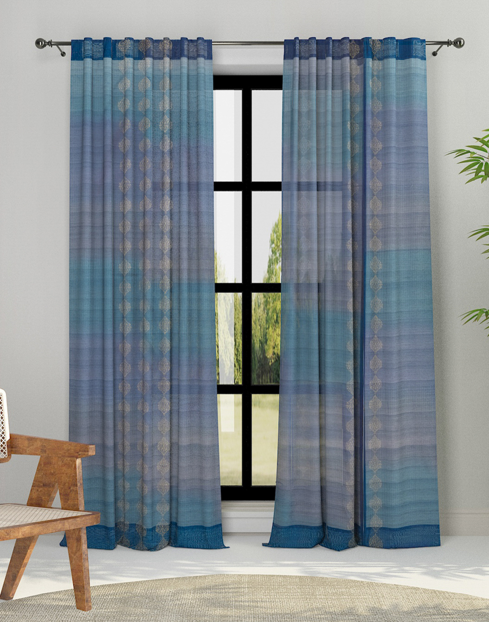 Blue Cotton Silk Printed Khari Curtain | 1pc