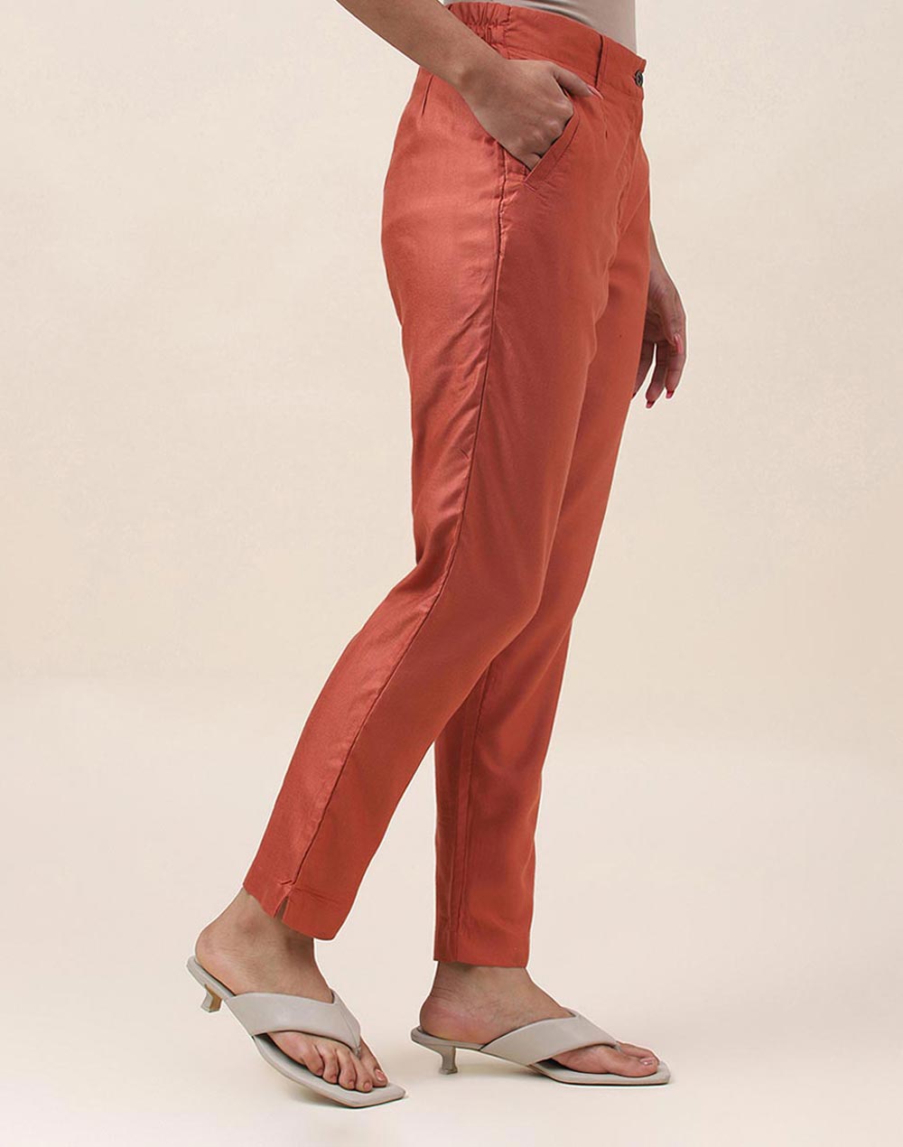 Orange Viscose Silk Ankle Length Formal Pant