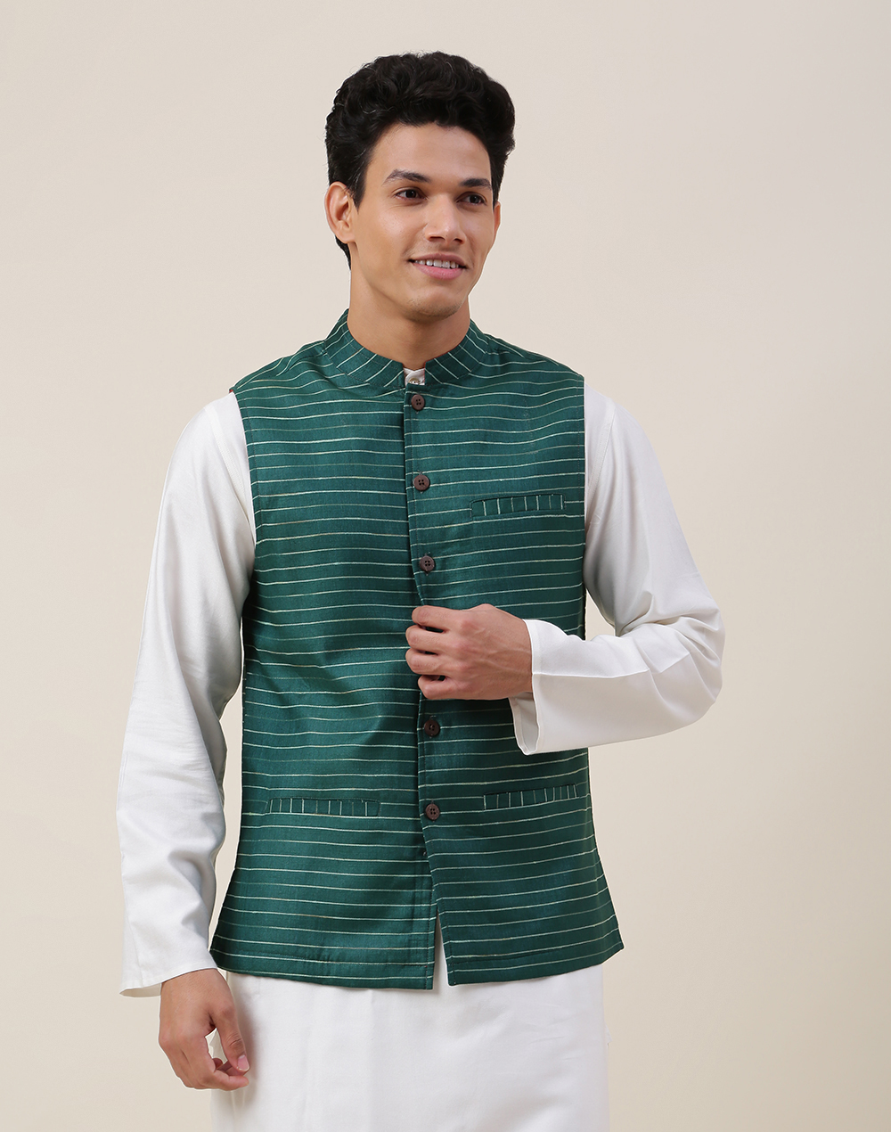 Green Viscose Blend Striped Nehru Jacket